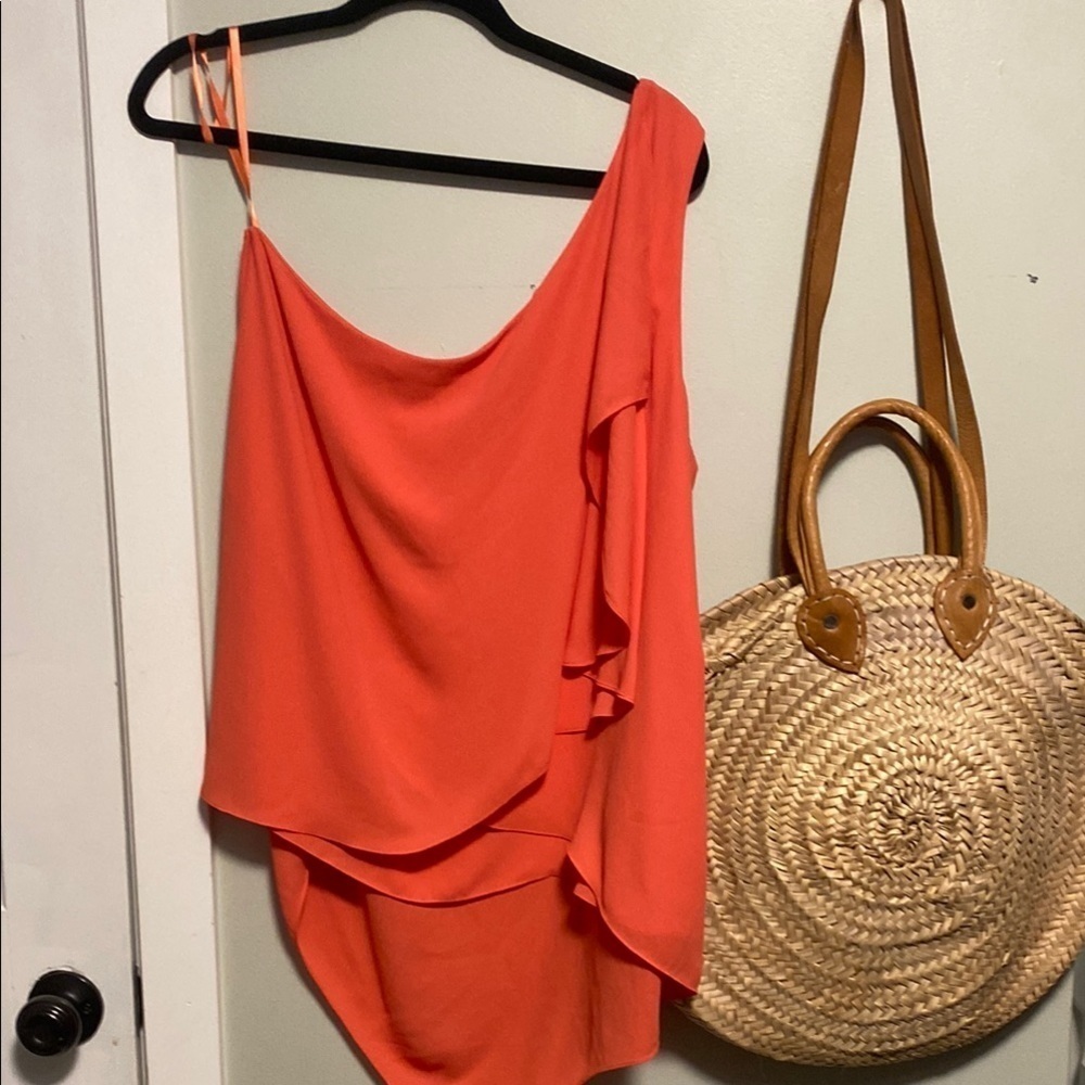 BCBGMaxAzria Lana One Shoulder Vibrant Ambrosia Coral Drapped Top large